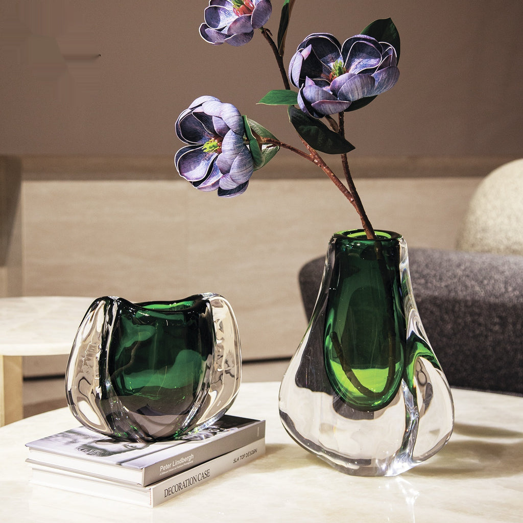 Handmade Glass Flower Vase With Green Amber Accents Pastoral Style