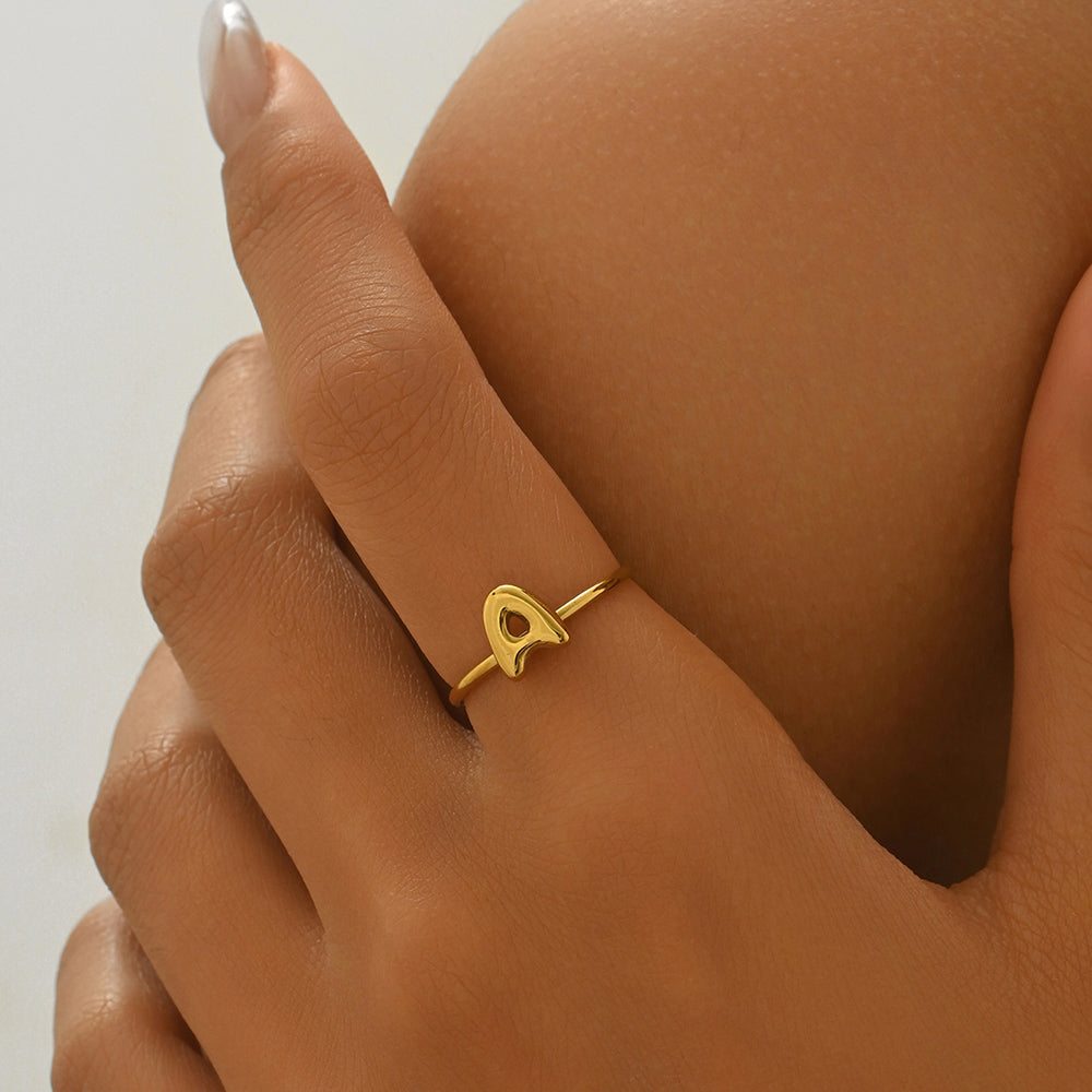 Lxalry 18K Gold Plated Stainless Steel Modern Alphabet Ring With Mirror Polish   Sphere Accents  Hypoallergenic Jewelry For Women  Skin Safe Never Fade Luxury Gift  Full A-Z Letters