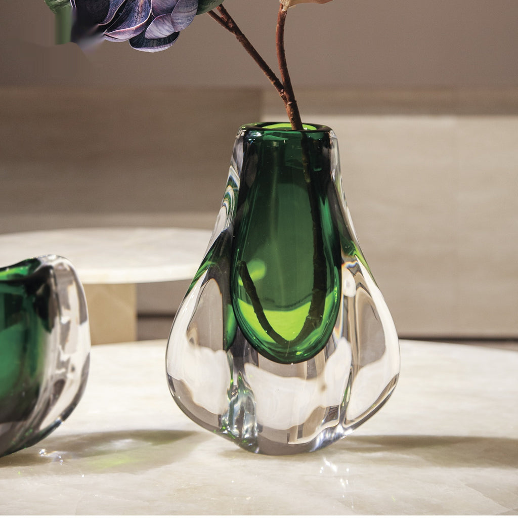 Handmade Glass Flower Vase With Green Amber Accents Pastoral Style