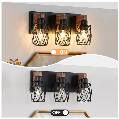 18inch Industrial Vintage 3-Light Wall Sconce - Black Cage Wall Lighting Fixture With Wooden Accents For Bathroom, Hallway, Or Living Room Bulb Not Included