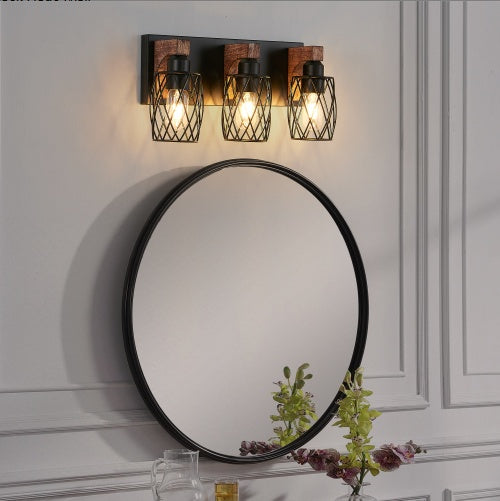 18inch Industrial Vintage 3-Light Wall Sconce - Black Cage Wall Lighting Fixture With Wooden Accents For Bathroom, Hallway, Or Living Room Bulb Not Included