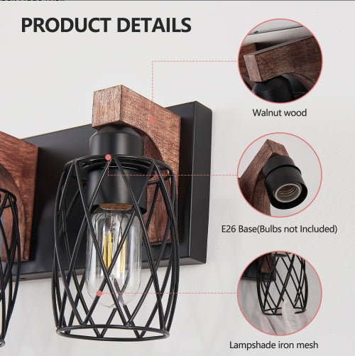 18inch Industrial Vintage 3-Light Wall Sconce - Black Cage Wall Lighting Fixture With Wooden Accents For Bathroom, Hallway, Or Living Room Bulb Not Included