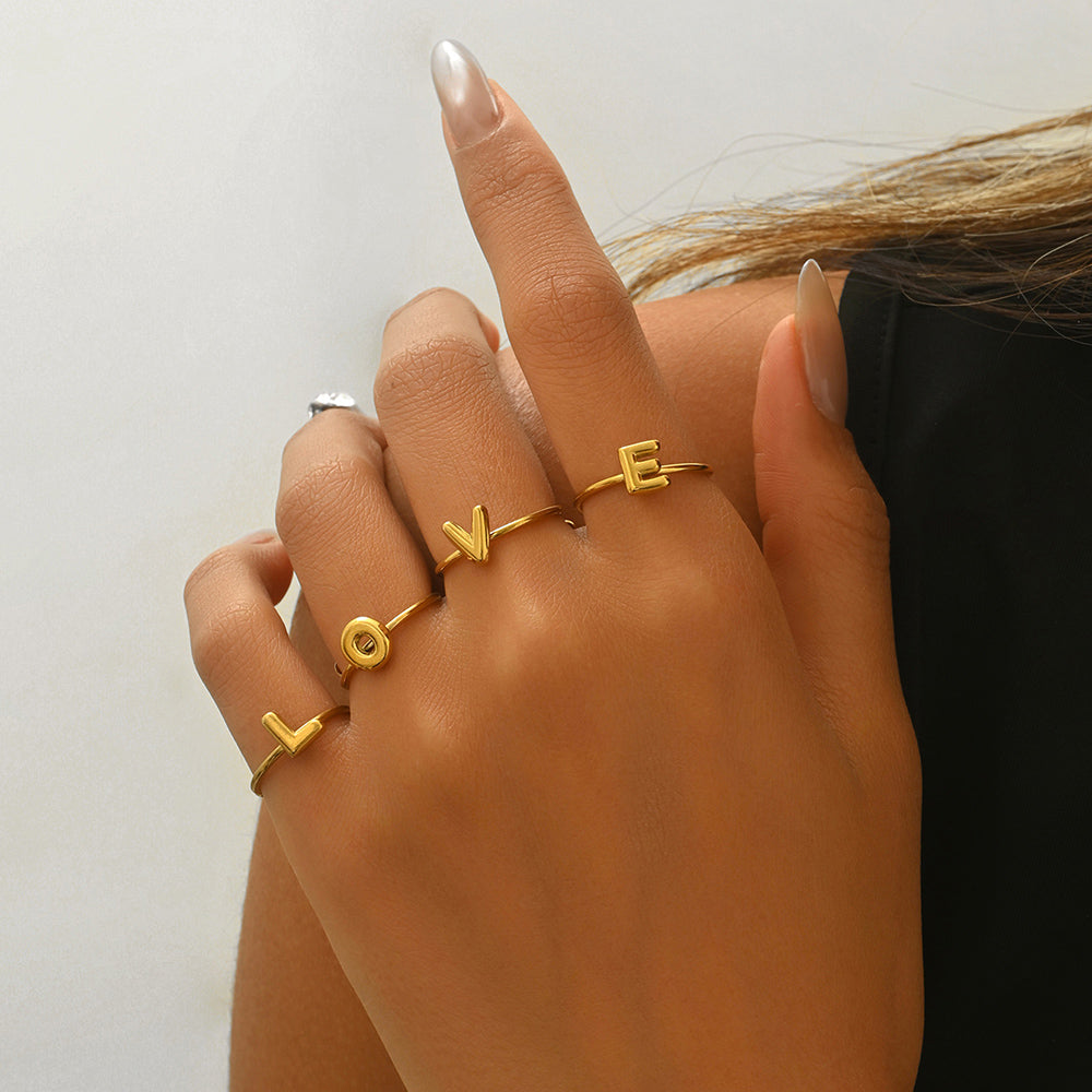 Lxalry 18K Gold Plated Stainless Steel Modern Alphabet Ring With Mirror Polish   Sphere Accents  Hypoallergenic Jewelry For Women  Skin Safe Never Fade Luxury Gift  Full A-Z Letters