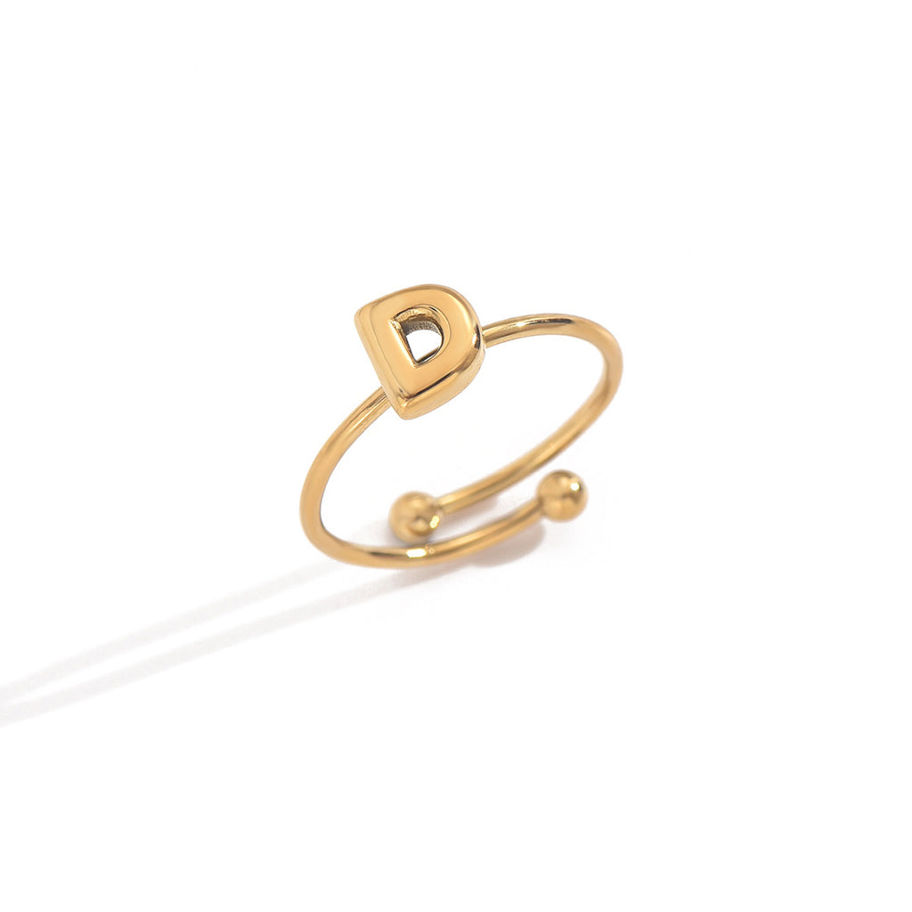 Lxalry 18K Gold Plated Stainless Steel Modern Alphabet Ring With Mirror Polish   Sphere Accents  Hypoallergenic Jewelry For Women  Skin Safe Never Fade Luxury Gift  Full A-Z Letters