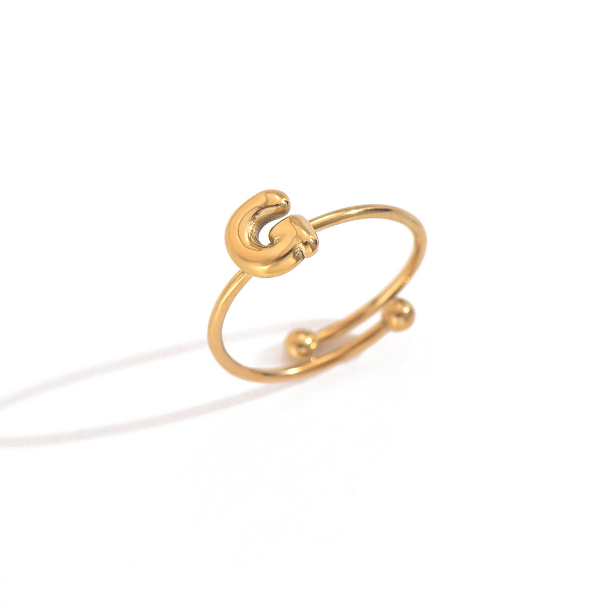 Lxalry 18K Gold Plated Stainless Steel Modern Alphabet Ring With Mirror Polish   Sphere Accents  Hypoallergenic Jewelry For Women  Skin Safe Never Fade Luxury Gift  Full A-Z Letters
